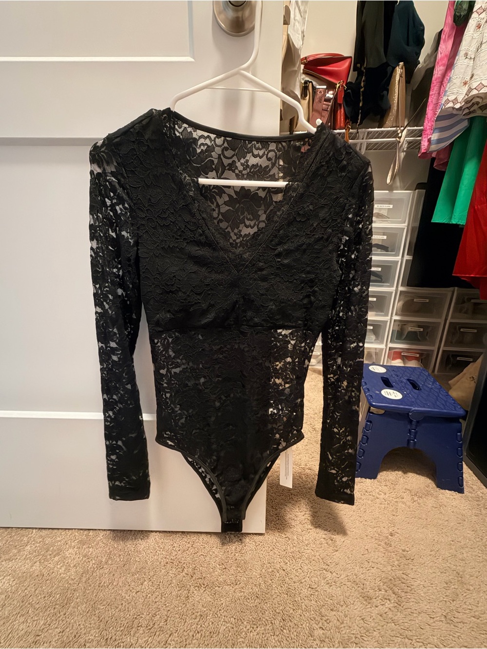 Black Lace Long-Sleeve V-Neck Bodysuit